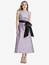 Front View Thumbnail - Lilac Haze & Black High-Neck Bow-Waist Midi Dress with Pockets