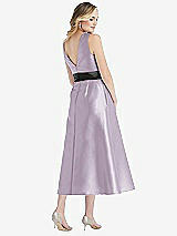 Rear View Thumbnail - Lilac Haze & Black High-Neck Bow-Waist Midi Dress with Pockets