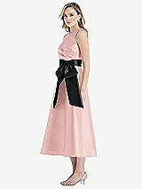 Side View Thumbnail - Rose - PANTONE Rose Quartz & Black High-Neck Bow-Waist Midi Dress with Pockets