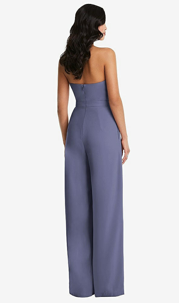 Back View - French Blue Strapless Pleated Front Jumpsuit with Pockets