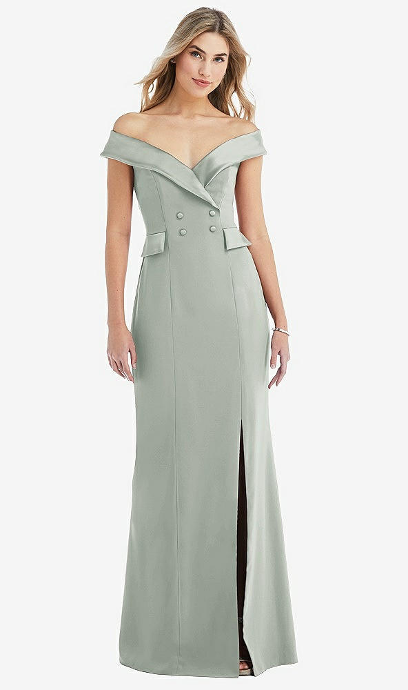 Front View - Willow Green Off-the-Shoulder Tuxedo Maxi Dress with Front Slit