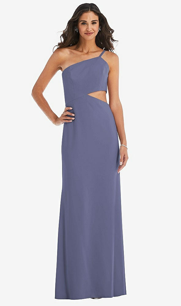 Front View - French Blue One-Shoulder Midriff Cutout Maxi Dress