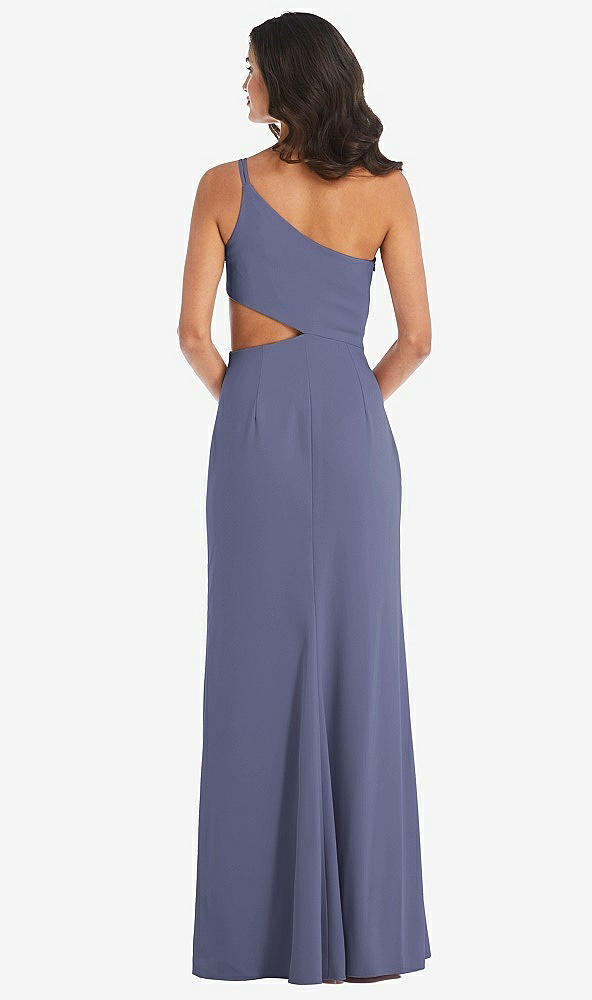 Back View - French Blue One-Shoulder Midriff Cutout Maxi Dress
