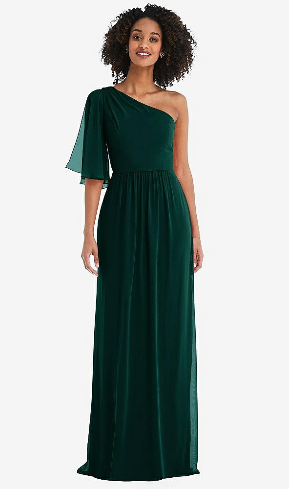 Front View - Evergreen One-Shoulder Bell Sleeve Chiffon Maxi Dress