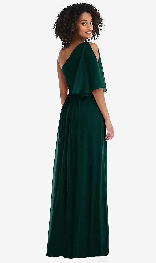 Back View - Evergreen One-Shoulder Bell Sleeve Chiffon Maxi Dress