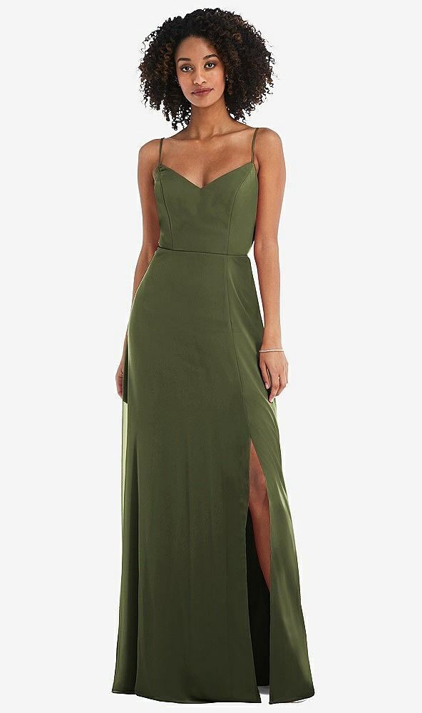 Front View - Olive Green Tie-Back Cutout Maxi Dress with Front Slit