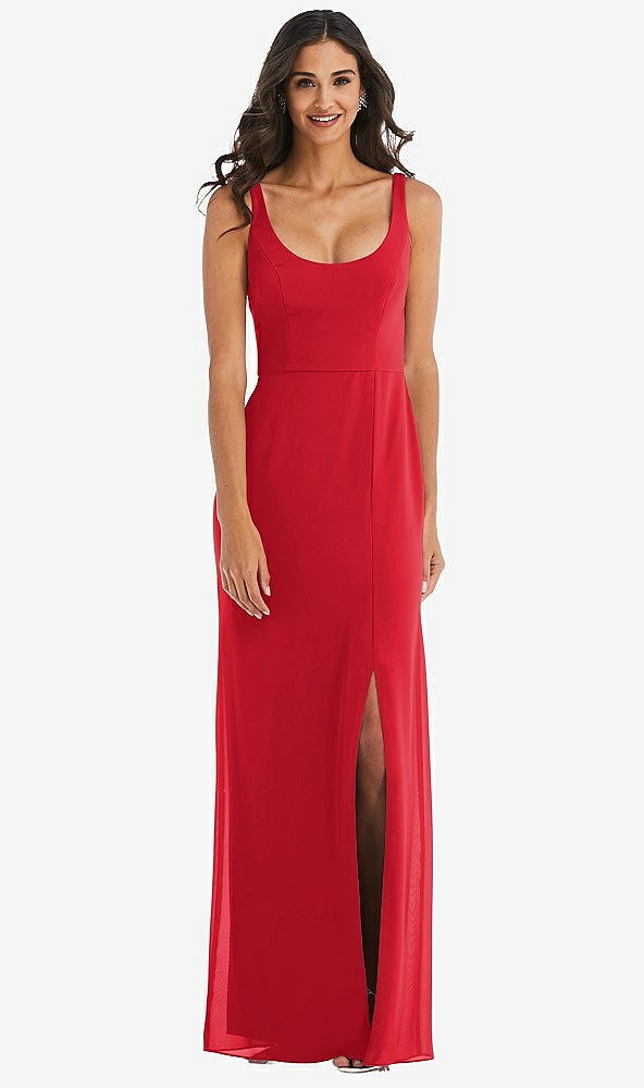 Front View - Parisian Red Scoop Neck Open-Back Trumpet Gown