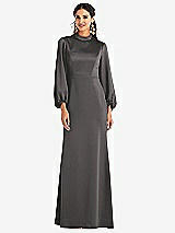 Front View Thumbnail - Caviar Gray High Collar Puff Sleeve Trumpet Gown - Darby