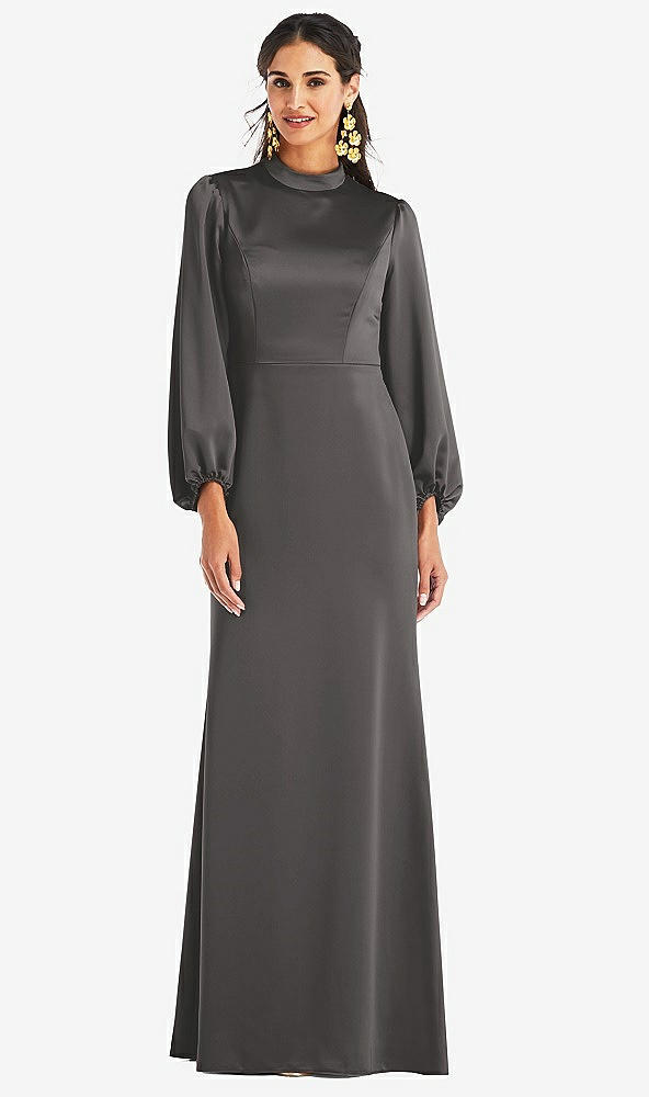 Front View - Caviar Gray High Collar Puff Sleeve Trumpet Gown - Darby