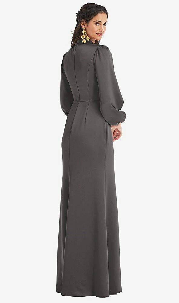 Back View - Caviar Gray High Collar Puff Sleeve Trumpet Gown - Darby