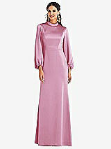 Front View Thumbnail - Powder Pink High Collar Puff Sleeve Trumpet Gown - Darby