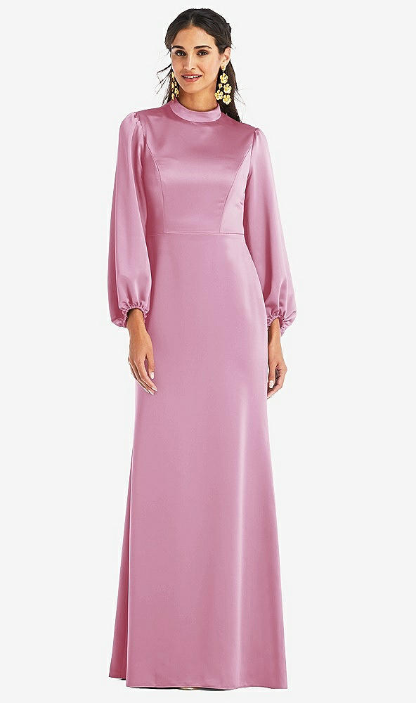 Front View - Powder Pink High Collar Puff Sleeve Trumpet Gown - Darby