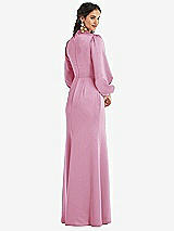 Rear View Thumbnail - Powder Pink High Collar Puff Sleeve Trumpet Gown - Darby