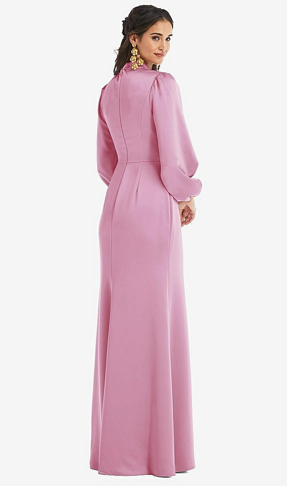 Back View - Powder Pink High Collar Puff Sleeve Trumpet Gown - Darby
