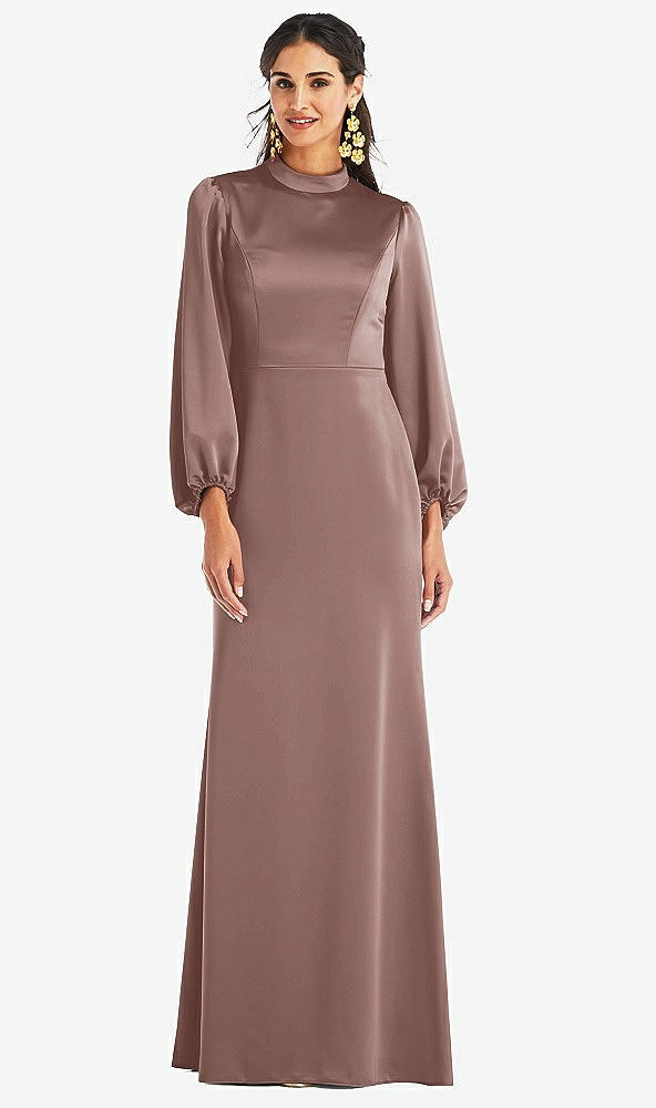 Front View - Sienna High Collar Puff Sleeve Trumpet Gown - Darby