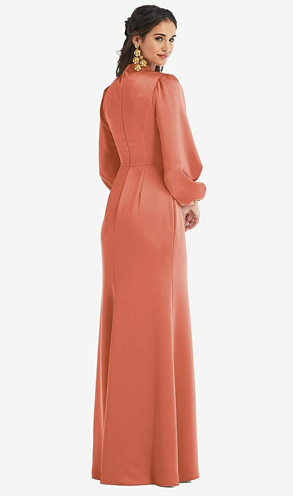 Back View - Terracotta Copper High Collar Puff Sleeve Trumpet Gown - Darby