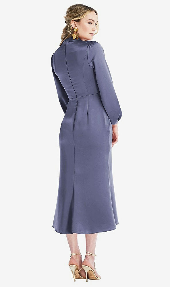 Back View - French Blue High Collar Puff Sleeve Midi Dress - Bronwyn