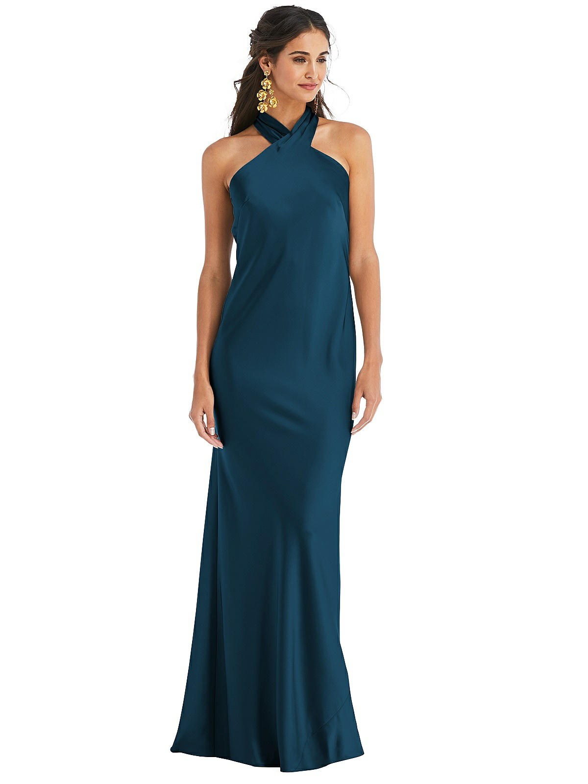 Draped Twist Halter Tie-back Trumpet Bridesmaid Dress In Atlantic