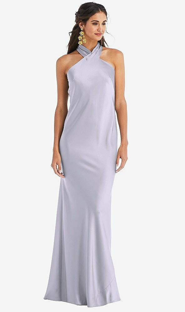 Front View - Silver Dove Draped Twist Halter Tie-Back Trumpet Gown