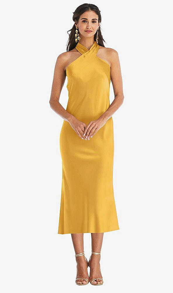Front View - NYC Yellow Draped Twist Halter Tie-Back Midi Dress - Paloma
