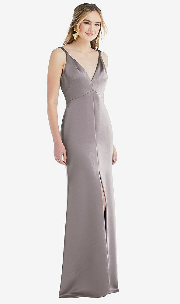 Front View - Cashmere Gray Twist Strap Maxi Slip Dress with Front Slit - Neve