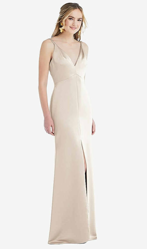 Front View - Oat Twist Strap Maxi Slip Dress with Front Slit - Neve