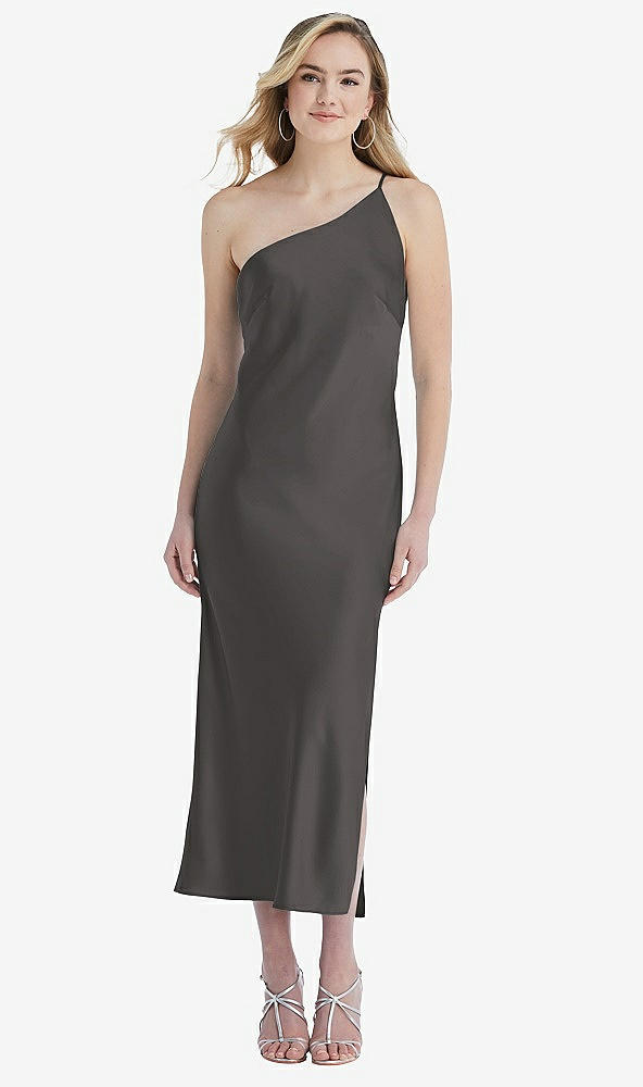 Front View - Caviar Gray One-Shoulder Asymmetrical Midi Slip Dress