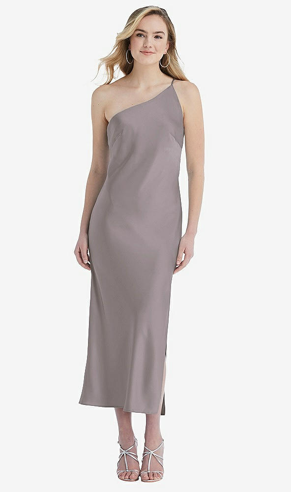 Front View - Cashmere Gray One-Shoulder Asymmetrical Midi Slip Dress