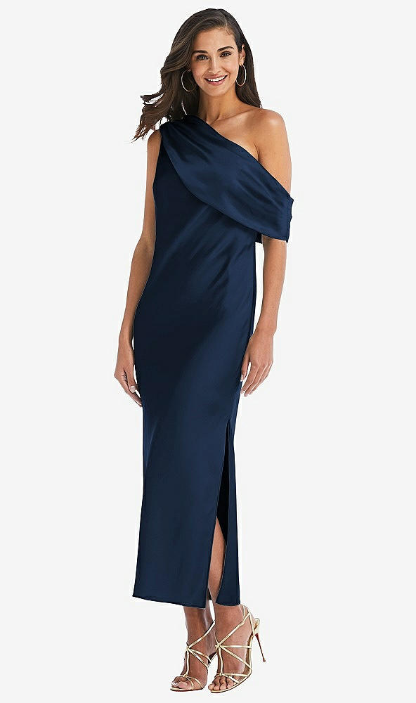 Front View - Midnight Navy Draped One-Shoulder Convertible Midi Slip Dress