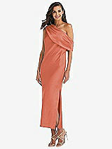 Front View Thumbnail - Terracotta Copper Draped One-Shoulder Convertible Midi Slip Dress