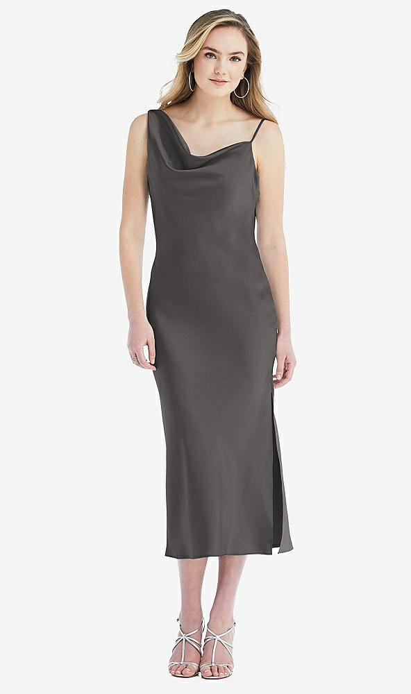 Front View - Caviar Gray Asymmetrical One-Shoulder Cowl Midi Slip Dress