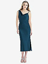 Front View Thumbnail - Atlantic Blue Asymmetrical One-Shoulder Cowl Midi Slip Dress