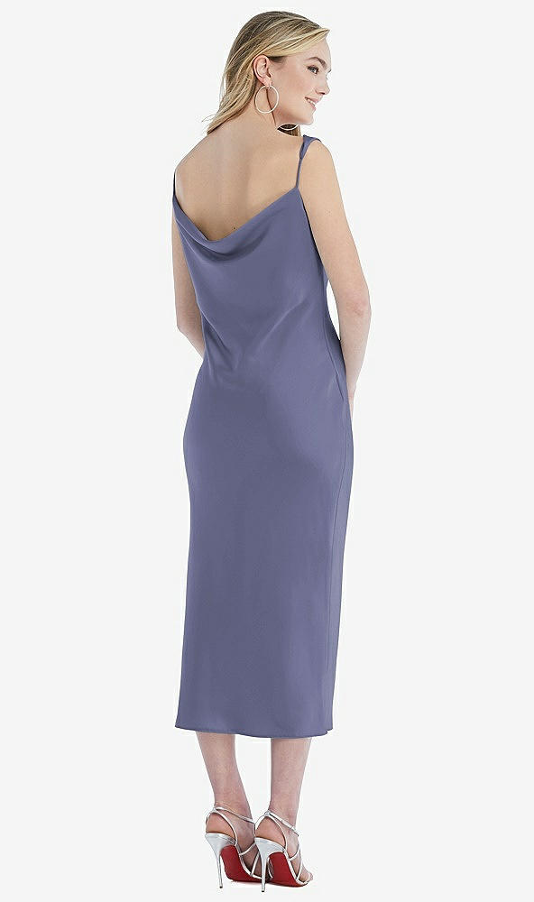 Back View - French Blue Asymmetrical One-Shoulder Cowl Midi Slip Dress