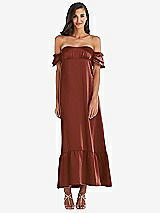 Front View Thumbnail - Auburn Moon Ruffled Off-the-Shoulder Tiered Cuff Sleeve Midi Dress