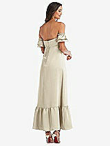 Rear View Thumbnail - Champagne Ruffled Off-the-Shoulder Tiered Cuff Sleeve Midi Dress