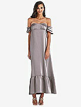 Front View Thumbnail - Cashmere Gray Ruffled Off-the-Shoulder Tiered Cuff Sleeve Midi Dress