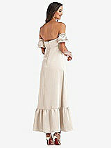 Rear View Thumbnail - Oat Ruffled Off-the-Shoulder Tiered Cuff Sleeve Midi Dress