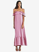 Front View Thumbnail - Powder Pink Ruffled Off-the-Shoulder Tiered Cuff Sleeve Midi Dress