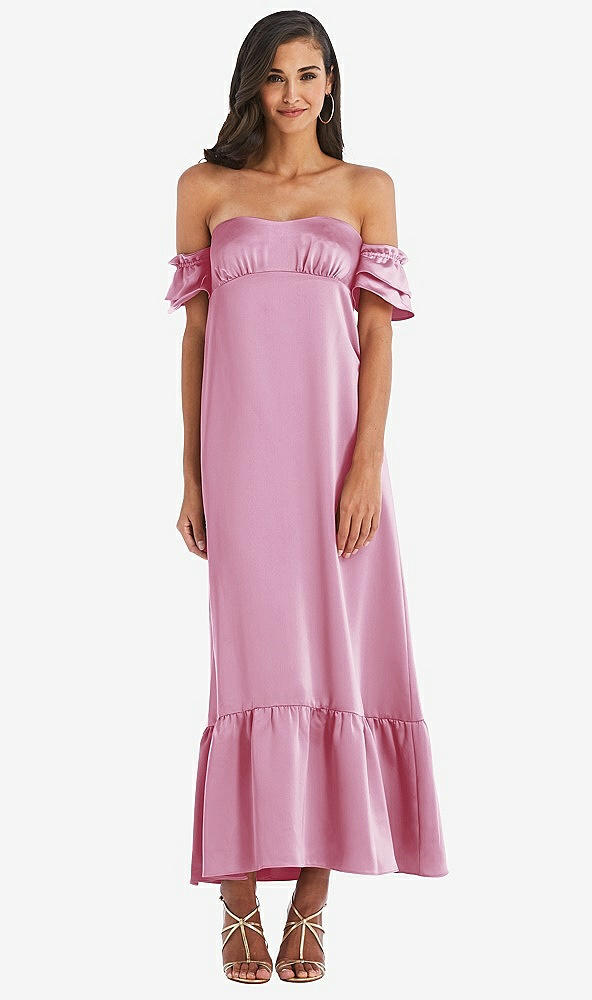 Front View - Powder Pink Ruffled Off-the-Shoulder Tiered Cuff Sleeve Midi Dress