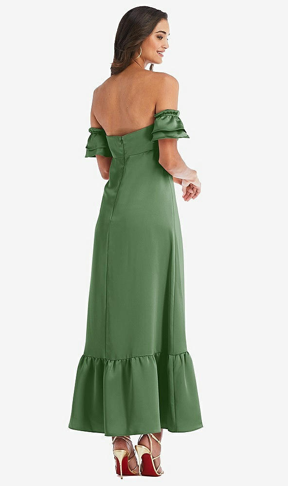 Back View - Vineyard Green Ruffled Off-the-Shoulder Tiered Cuff Sleeve Midi Dress