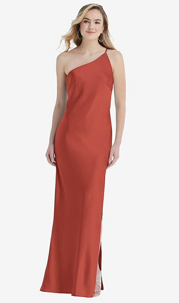 Front View - Amber Sunset One-Shoulder Asymmetrical Maxi Slip Dress