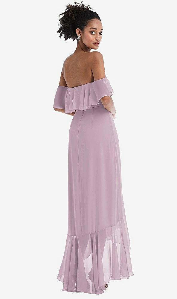 Back View - Suede Rose Off-the-Shoulder Ruffled High Low Maxi Dress
