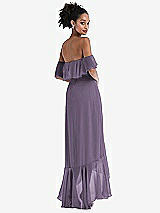 Rear View Thumbnail - Lavender Off-the-Shoulder Ruffled High Low Maxi Dress