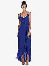 Front View Thumbnail - Cobalt Blue Ruffle-Trimmed V-Neck High Low Wrap Dress