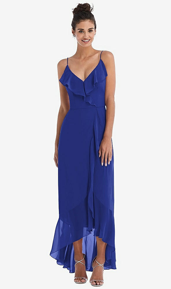 Front View - Cobalt Blue Ruffle-Trimmed V-Neck High Low Wrap Dress