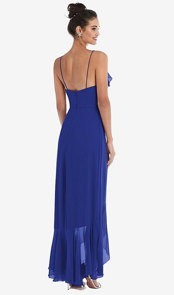 Back View - Cobalt Blue Ruffle-Trimmed V-Neck High Low Wrap Dress