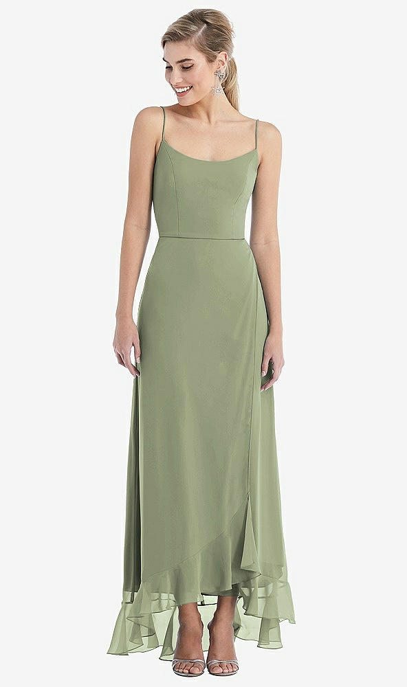 Front View - Sage Scoop Neck Ruffle-Trimmed High Low Maxi Dress