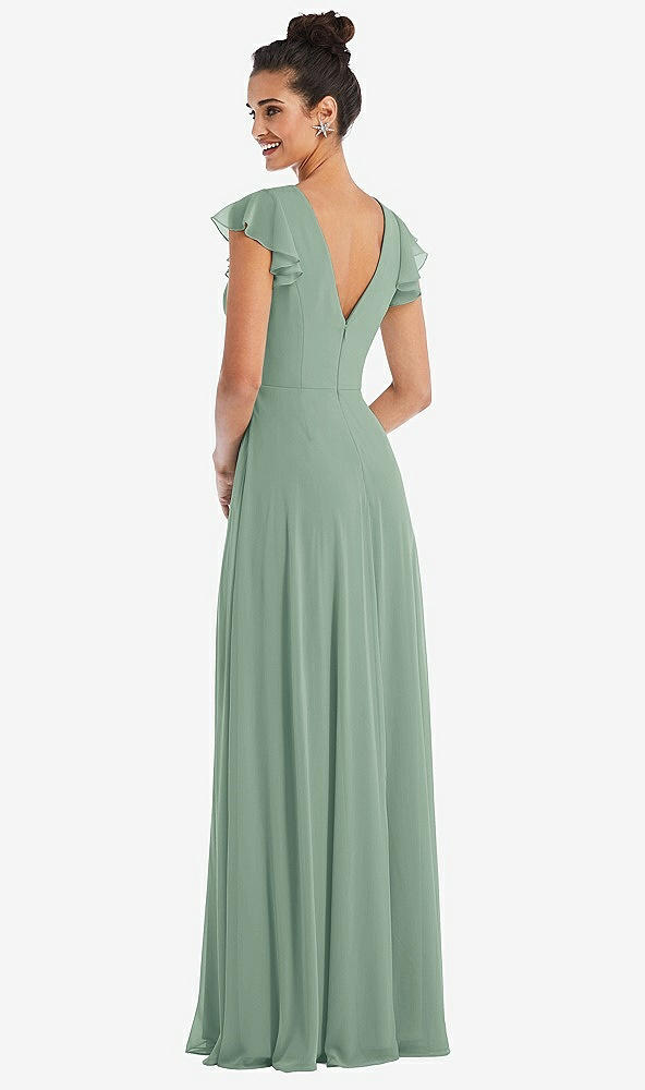Back View - Seagrass Flutter Sleeve V-Keyhole Chiffon Maxi Dress