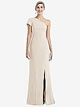 Front View Thumbnail - Oat One-Shoulder Cap Sleeve Trumpet Gown with Front Slit