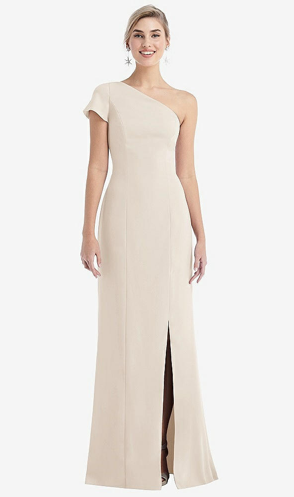 Front View - Oat One-Shoulder Cap Sleeve Trumpet Gown with Front Slit
